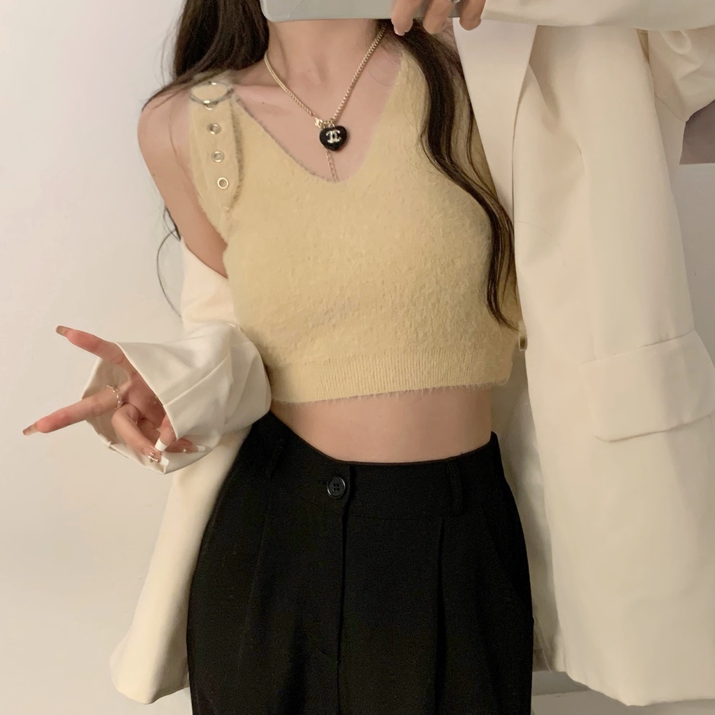 SUXI Áo Croptop Dệt Kim Cổ Chữ V Màu Sắc Ngọt Ngào