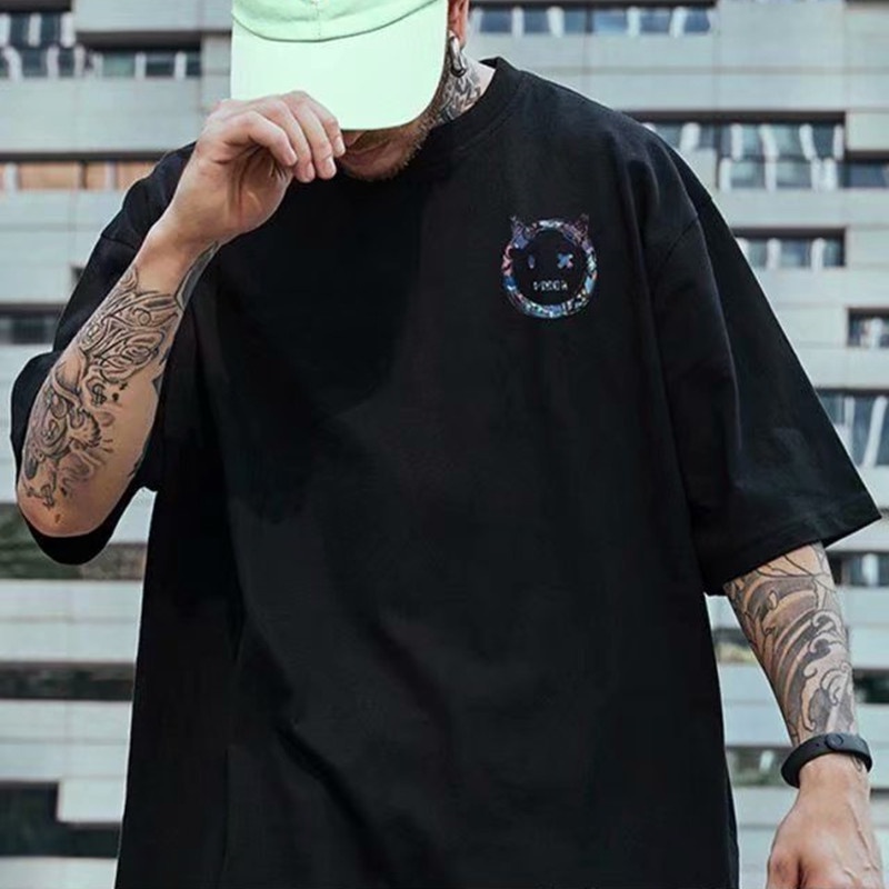 Áo Thun Tay Lỡ Dáng Rộng In Hình Mặt Cười Phong Cách Hip Hop Thời Trang Cho Nam