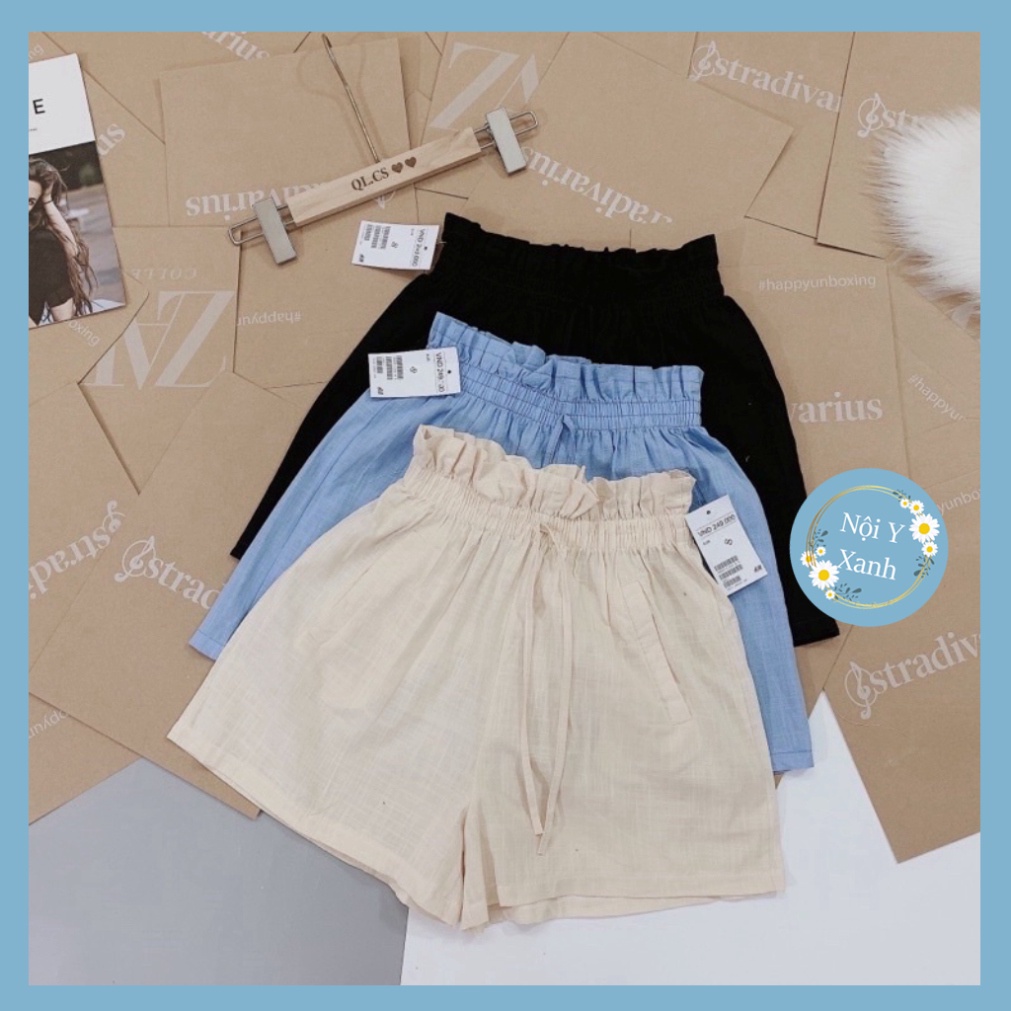 Quần đùi đũi nữ vải đũi xước cạp chun bèo có dây buộc dáng quần short nữ ống rộng_001 chất mát, phom đẹp, nội y xanh