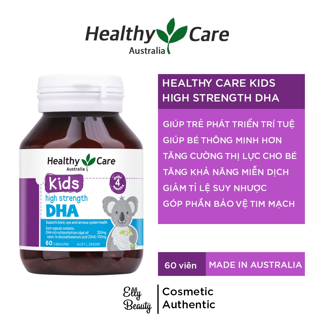 Viên uống DHA (60v) bổ sung omega-3 cho trí não bé từ 4 tháng tuối Healthy Care Kids High Strength DHA, Úc