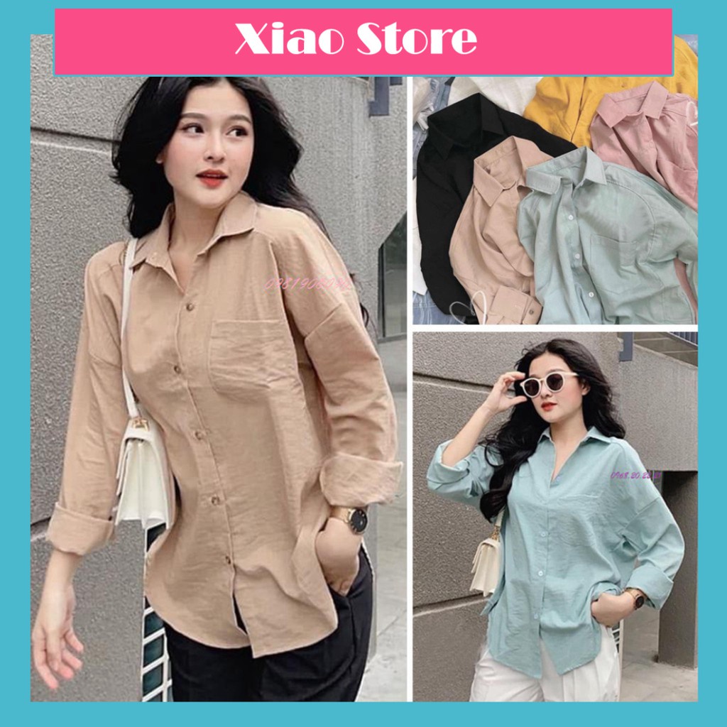 ☊✌áo sơ mi nữ dài tay vạt tôm chất đũi nhiều màu đen, vàng, xanh ngọc, hồng, be Freesize đũi xước Hàn Quốc Mềm - Min - M