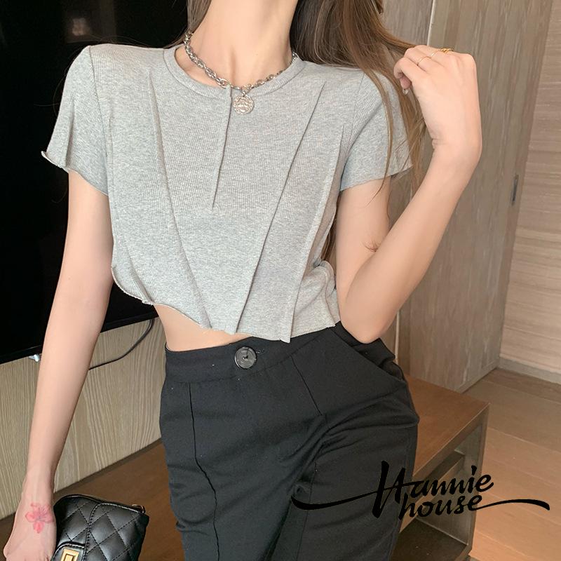 Áo Croptop Tay Ngắn Cổ Tròn Thiết Kế Bất Đối Xứng Cho Nữ | BigBuy360 - bigbuy360.vn