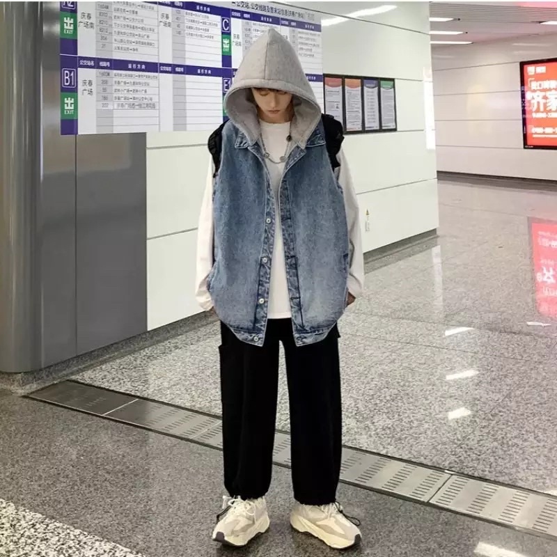 ✱Áo Khoác Bò gile Jeans basic dáng rộng nón-Áo ngắn tay có size nam nữ màu xanh
