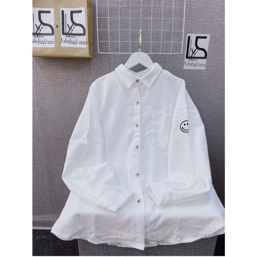 Áo sơ mi nhung tăm nữ Unisex AS03, kiểu áo sơ mi nữ oversize form rộng thêu hình mặt cười chất vải nhung tăm dày dặn ao. | BigBuy360 - bigbuy360.vn