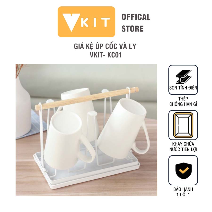 Giá kệ úp cốc và ly cao cấp kèm khay hứng nước bằng thép sơn tĩnh điện VKIT KC01