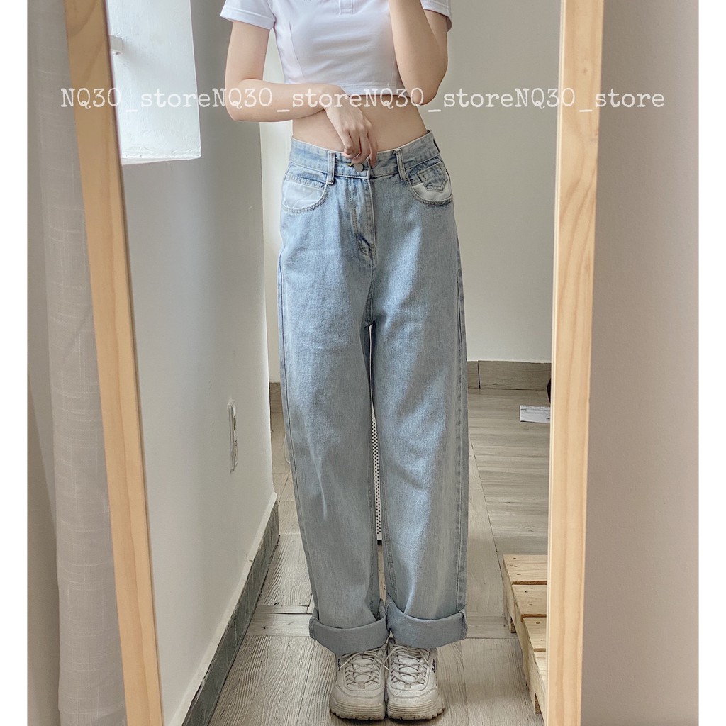 Quần Jeans Ống Suông NQ30 Ống Rộng Cạp Cao Mix Túi Trắng Xanh Nhạt Ullzang