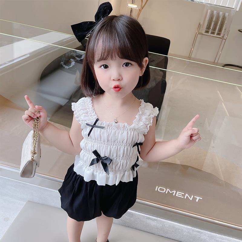 Áo voan không tay đính nơ+quần đùi thời trang hè Hàn Quốc cho bé gái