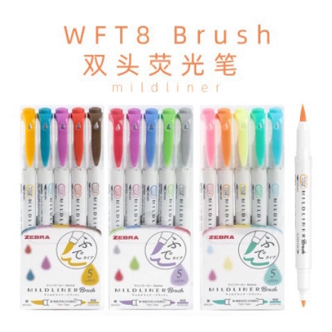 Set 5 bút lông hai đầu chất liệu cọ mềm nhiều tông màu tùy chọn ZEBRA WFT8