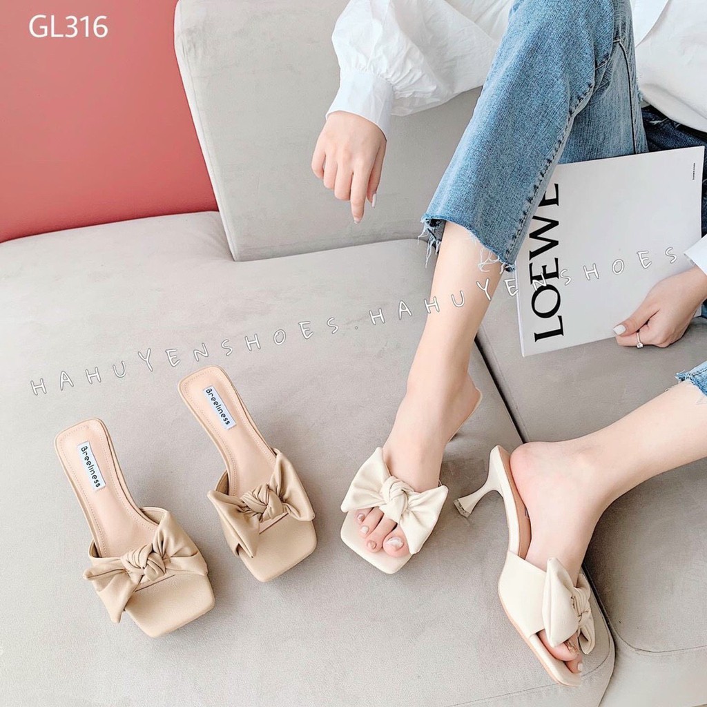 Guốc cao gót nữ quai phối nơ gót 6cm sang chảnh