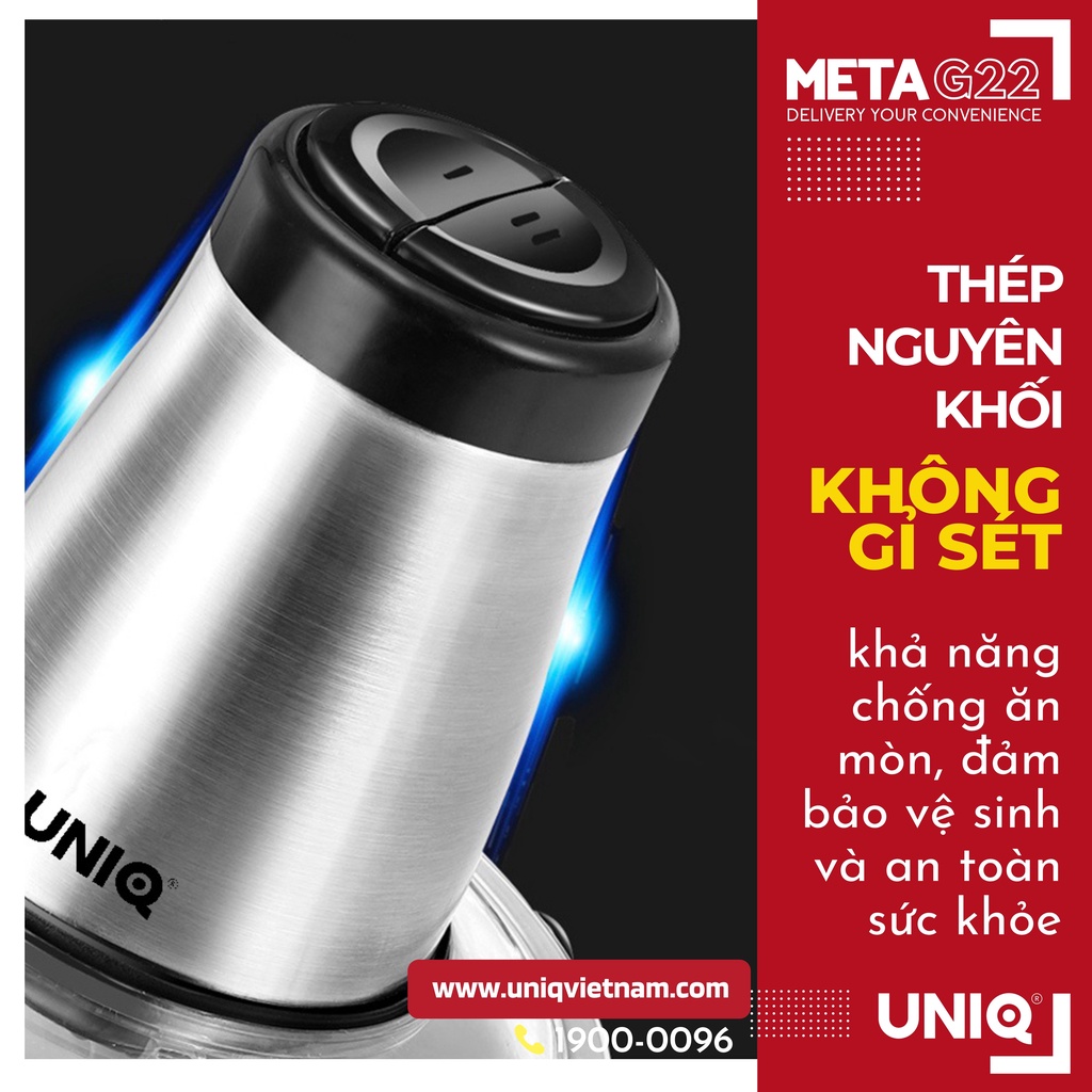 Máy Xay, Cối Xay Thịt Cá, Rau Củ Đa Năng UNIQ Meta G22 2L Lưỡi Dao Kép Không Rỉ, Cối Thủy Tinh Cao Cấp