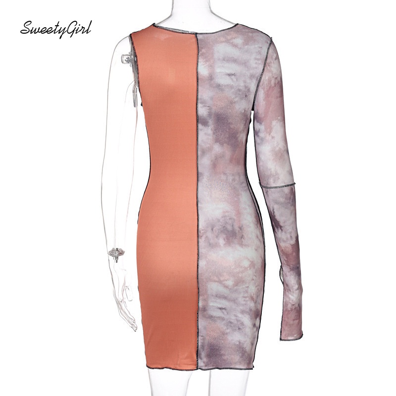 Đầm Ngắn Ôm Dáng Tay Dài Khoét Lỗ In Màu Sắc Tương Phản Cho Nữ