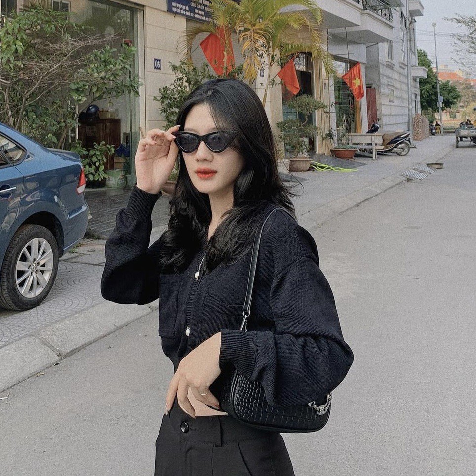 TINGOAN® - Áo croptop len mỏng đen VANILLA BABE TOP/BL