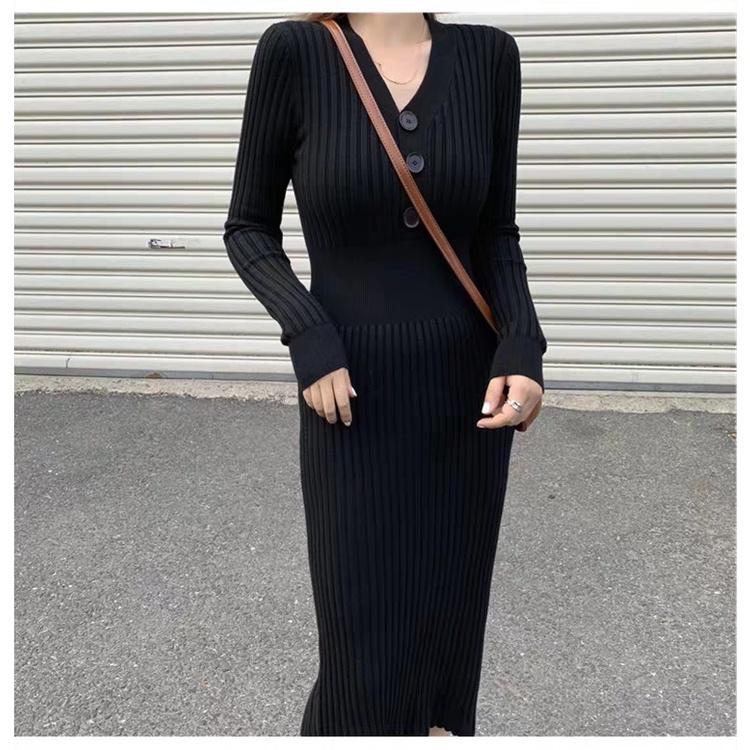 Đầm nữ dệt kim SUXI dáng dài cổ V thời trang mùa thu phong cách vintage