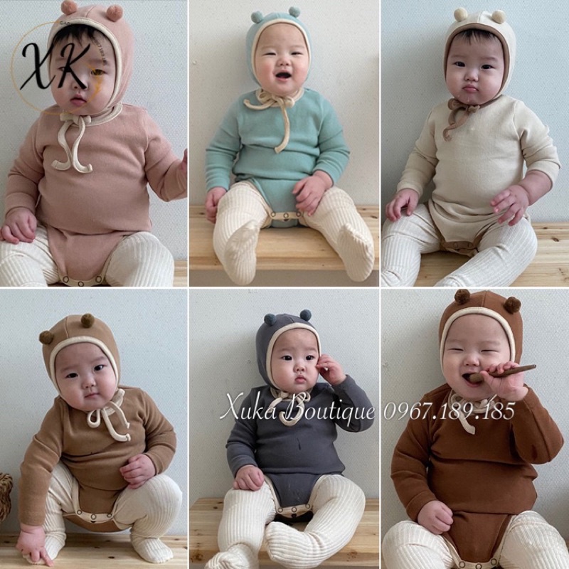 Set Bodysuit Dài Tay Kèm Mũ Cục Bông Cho Bé 0-3 Tuổi Style Nhật Bản Chất Cotton Cực Mềm Mại Mùa Thu Đông