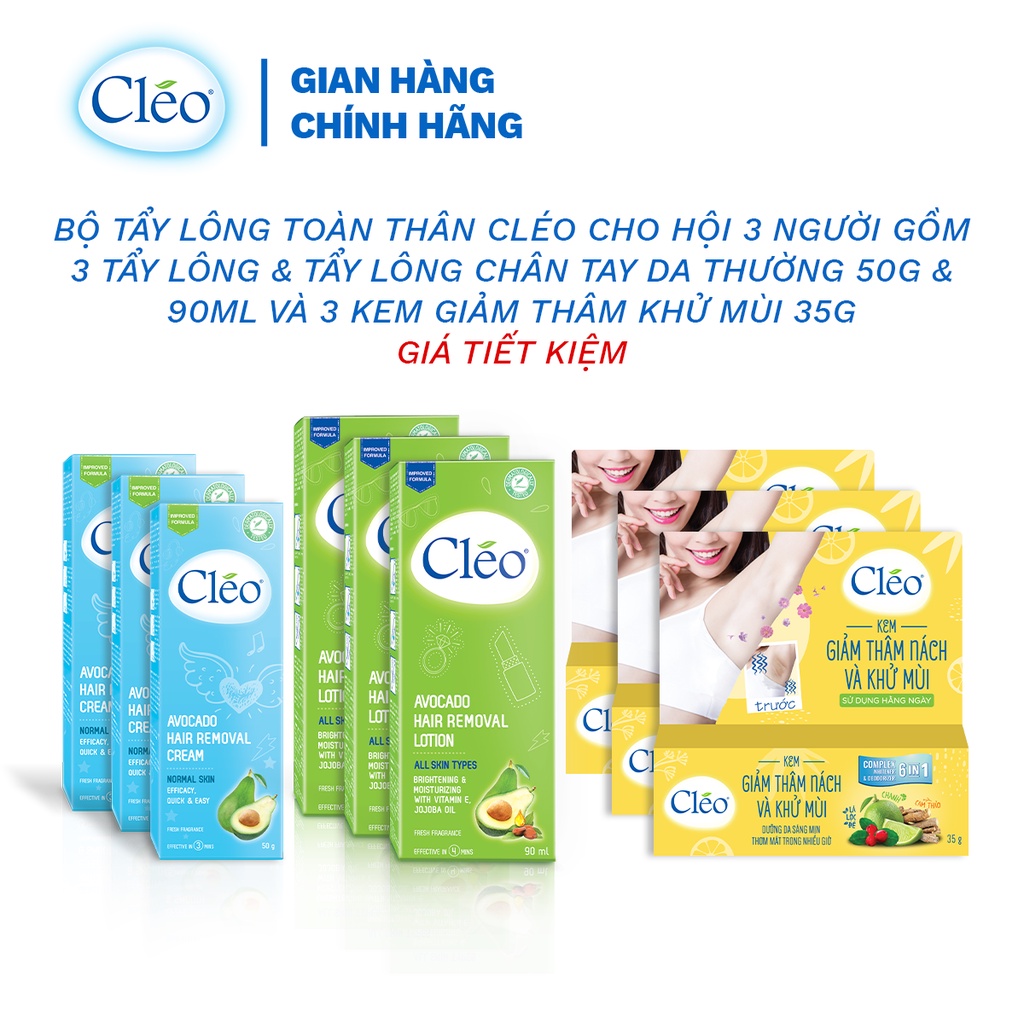 Bộ 3 kem tẩy lông da thường Cleo 50g,  gel dịu da 50g/ tuýp, sữa tẩy lông  90ml và kem giảm thâm khử mùi 35g