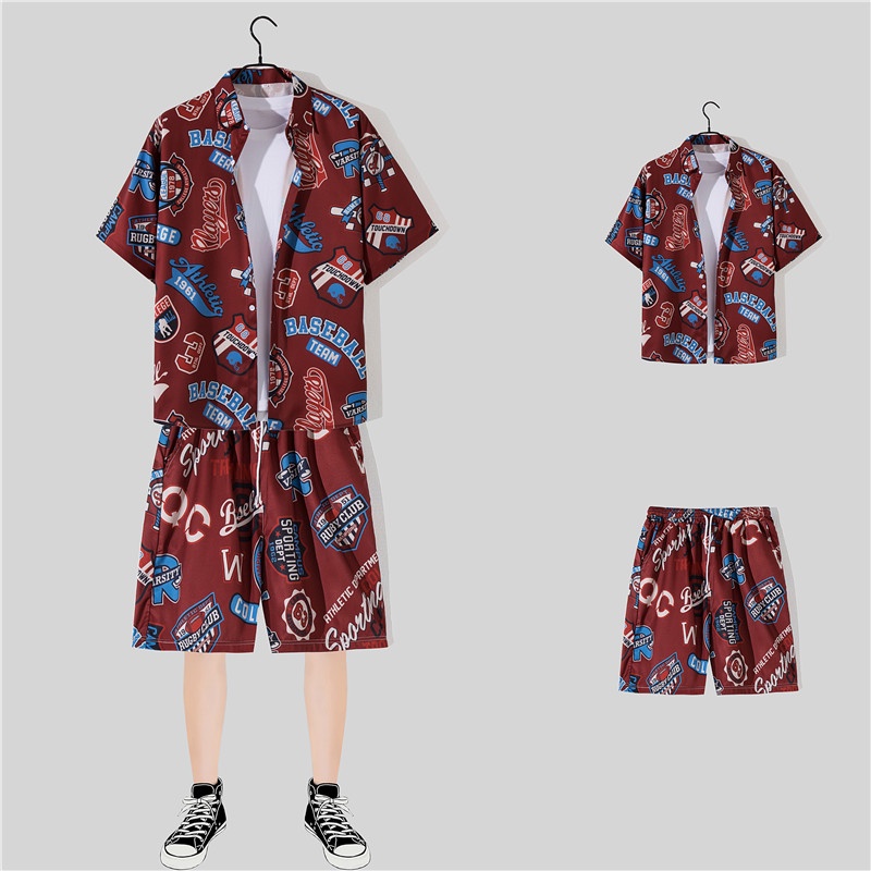 Bộ Đồ Nam Phong Cách Hawaii. Bộ Áo Sơ Mi Ngắn Tay In Họa Tiết Chữ Tiếng Anh + Quần Short Phong Cách Retro Hàn Quốc Trẻ Trung