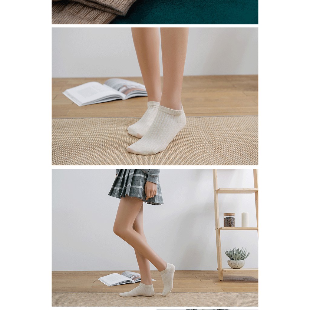Tất gân nữ cổ thấp cotton màu trơn Nhật bản Tất vớ trơn cổ ngắn nữ Vớ lười ẩn nữ