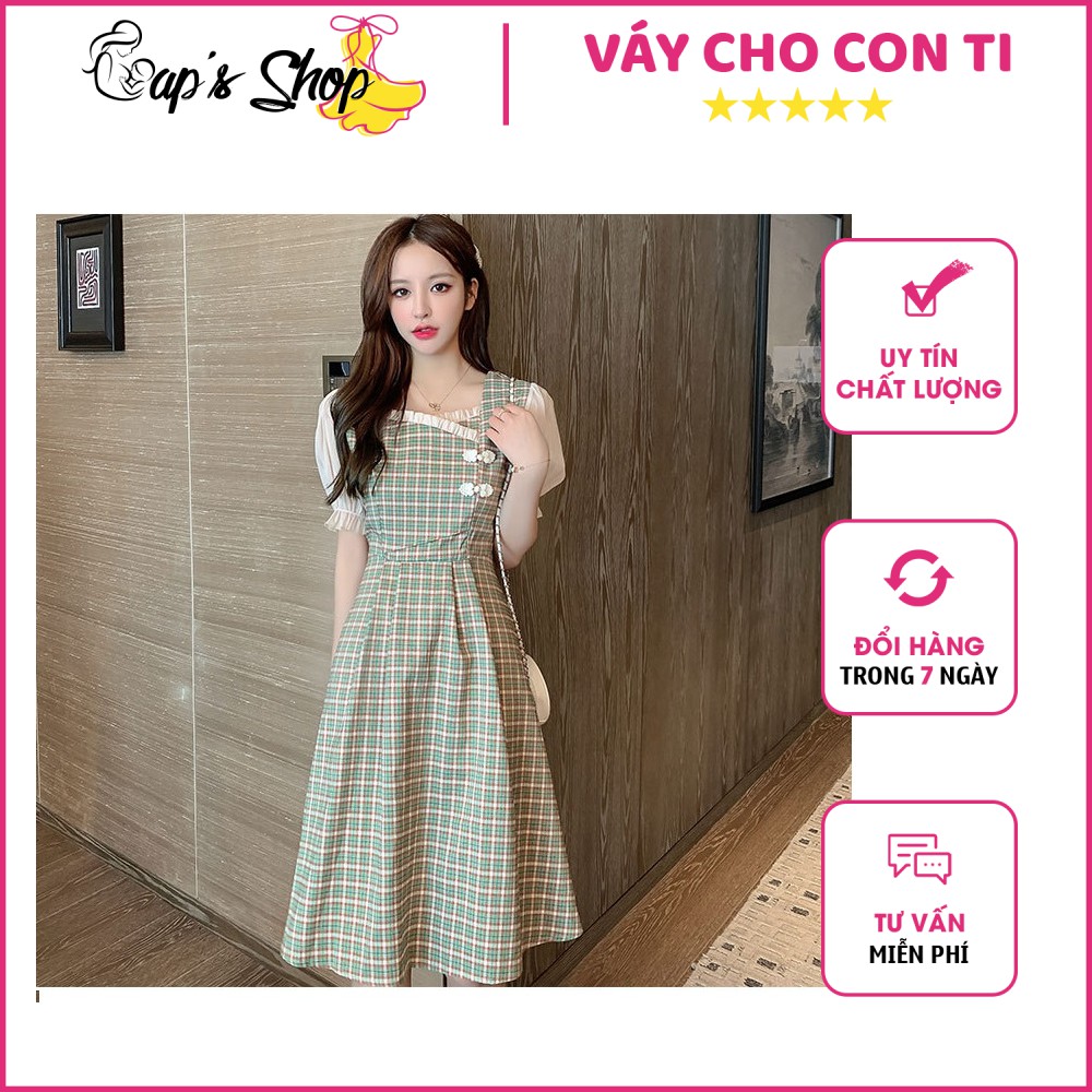 Váy cho con bú, cổ vuông, tay bồng kẻ caro siêu xinh