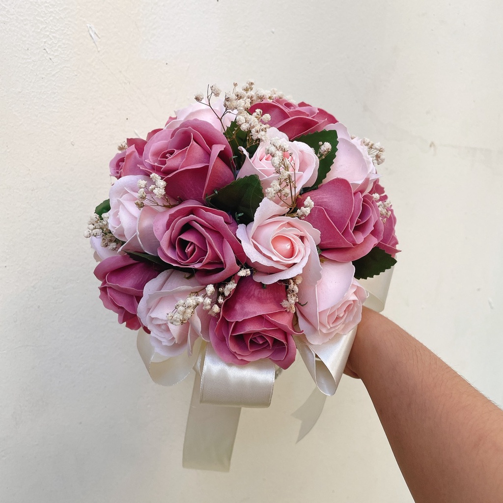 Hoa cưới cầm tay cô dâu, bó hoa sáp thơm màu trắng đỏ đô điểm baby khô phụ kiện chụp hình cưới