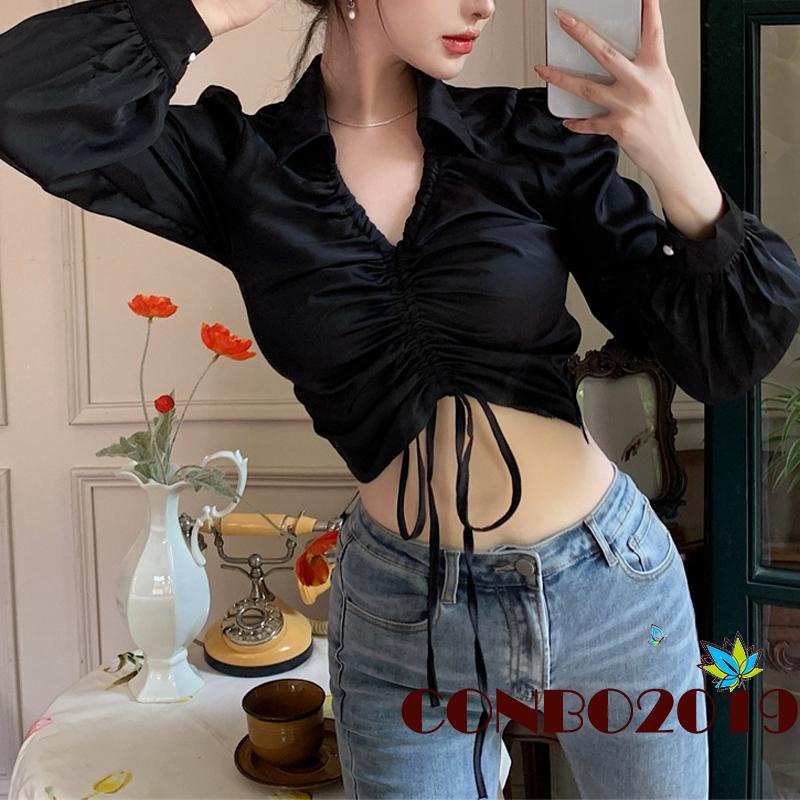 Áo Sơ Mi Crop Top Vải Satin Tay Phồng Cổ Chữ V Màu Trơn Phối Dây Rút Phía Trước Cho Nữ