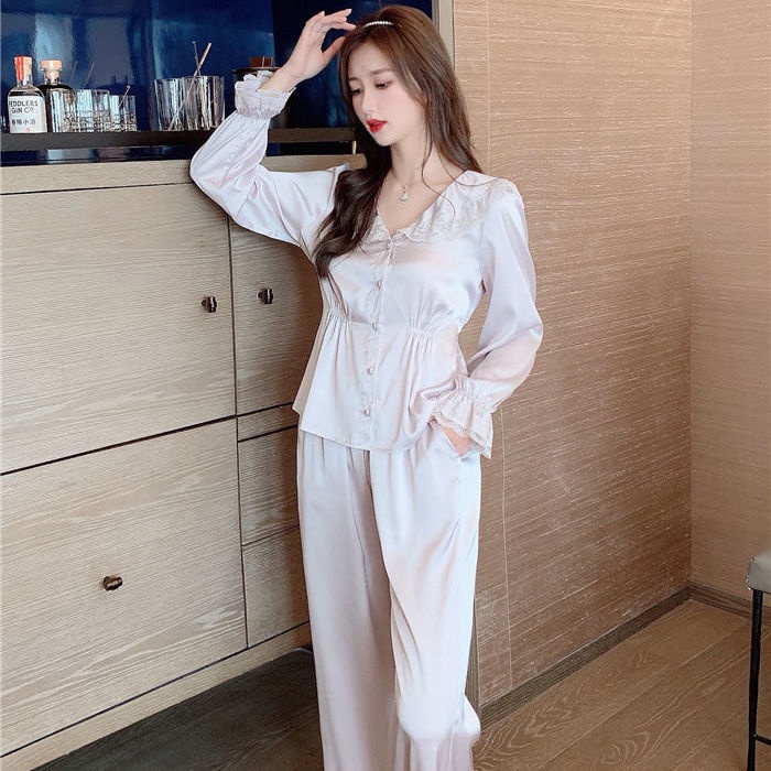 Bộ đồ ngủ phối ren phong cách Pháp ngọt ngào thời trang xuân thu cho nữ 2021