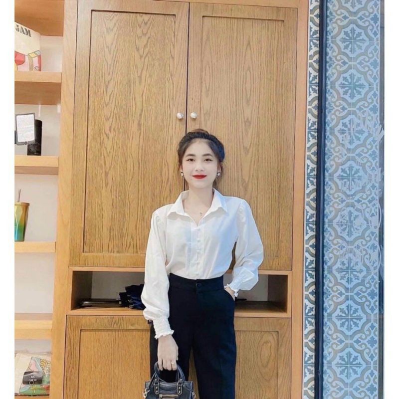 áo sơ mi trắng cúc ngọc tay bo chun