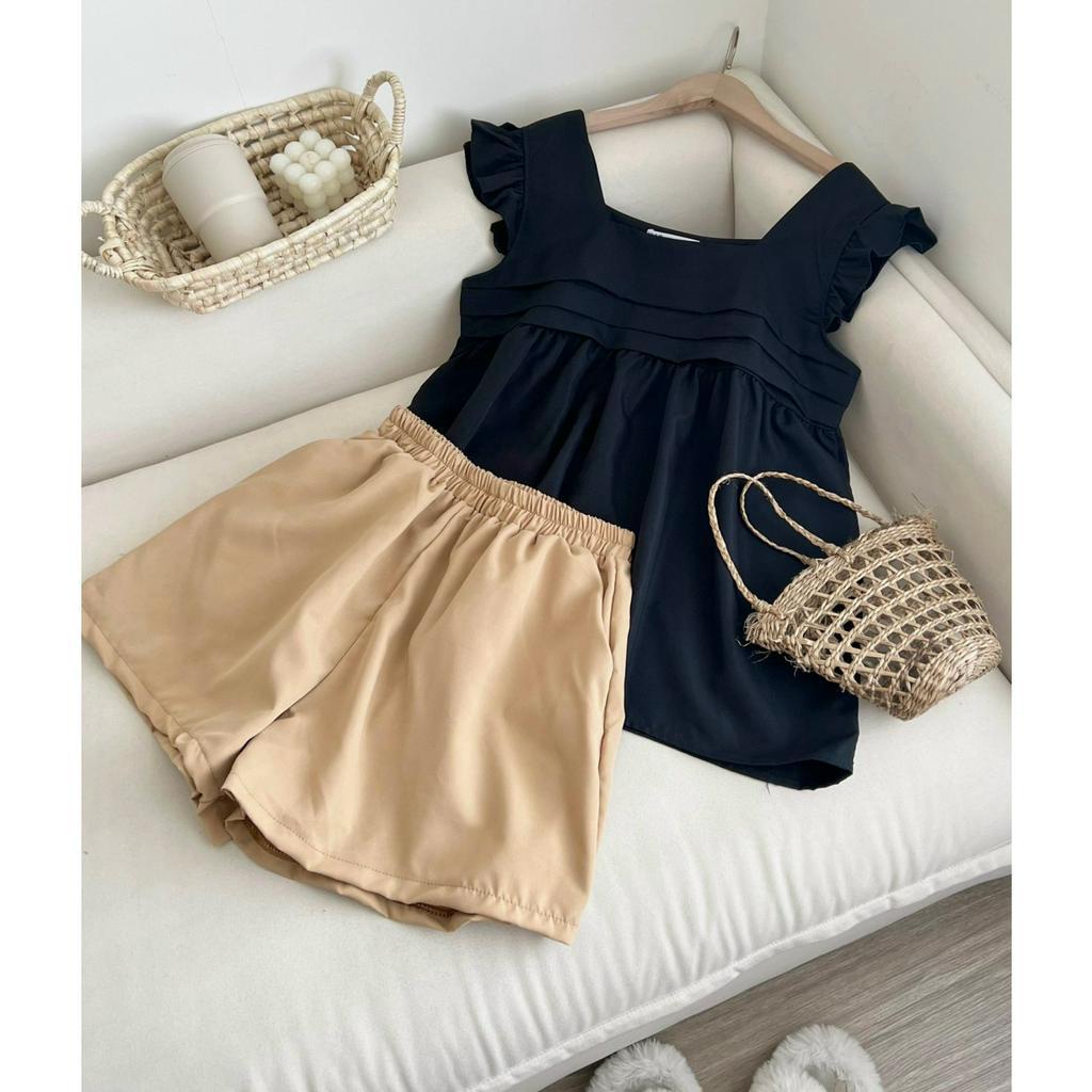 Set 2 món, áo kiểu nữ babydoll viền kèm quần short  xinh 4 màu Hàn Quốc Kozoda S22