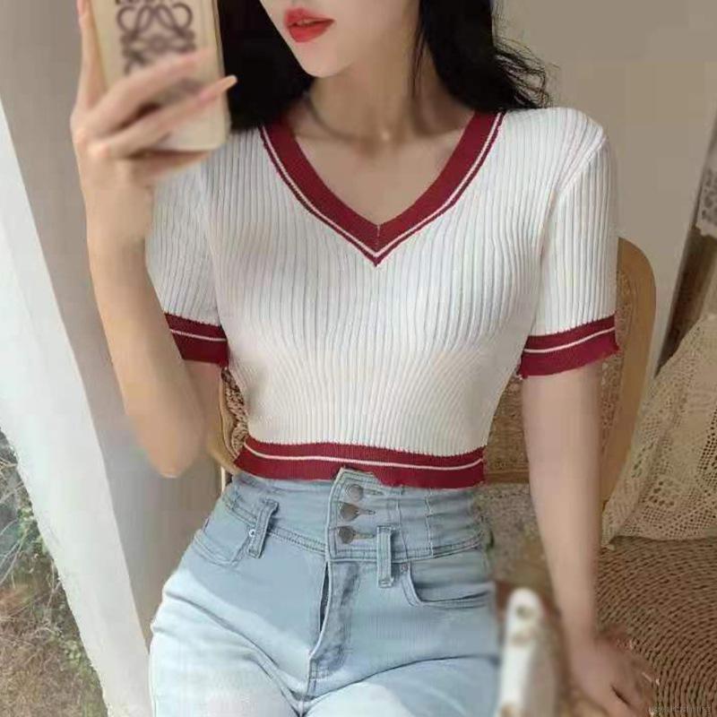 Áo Croptop Dệt Kim Tay Ngắn Thiết Kế Cổ Chữ V Quyến Rũ