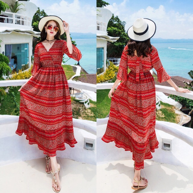 Đầm maxi chiffon mịn tay lỡ eo thun hoạ tiết hoa thổ cẩm size S M L XL | BigBuy360 - bigbuy360.vn