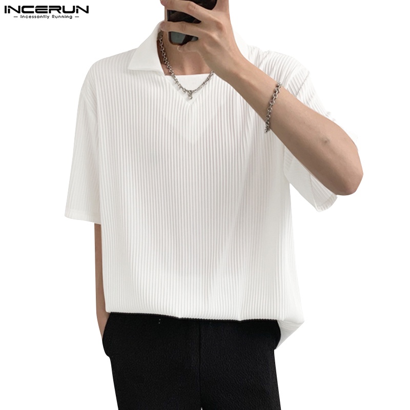 Áo thun polo INCERUN tay ngắn màu trơn xếp ly thời trang dành cho nam