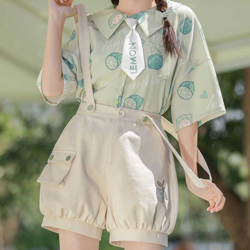 Bộ Áo Sơ Mi Họa Tiết Trái Bơ + Quần Yếm Thời Trang Dễ Thương Cho Nữ