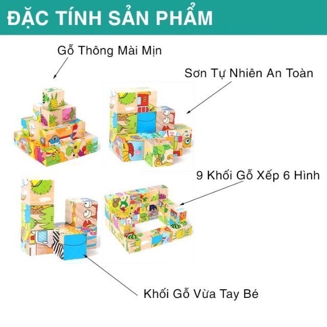 Đồ chơi ghép hình 9 khối gỗ xếp được 6 tranh hình Con vật- Phương tiện GH9K