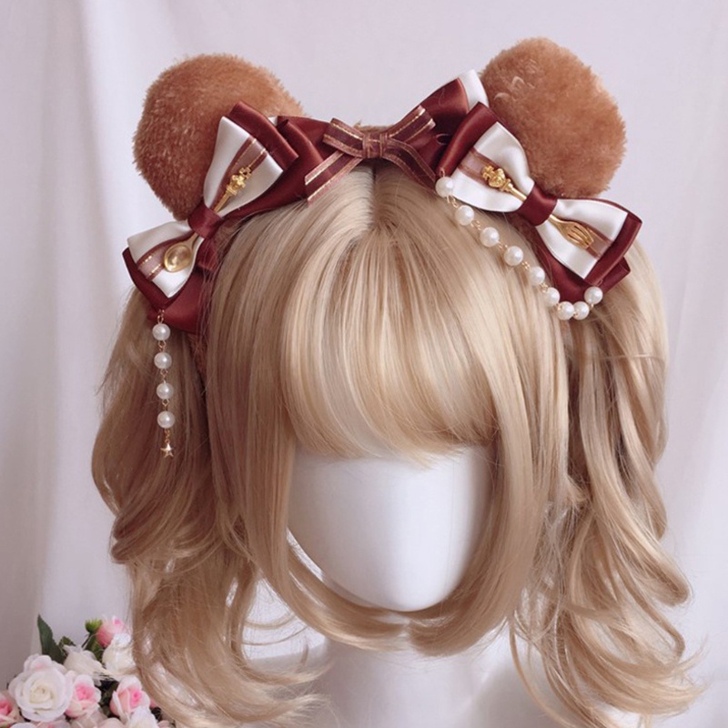 Băng Đô Cài Tóc Hình Tai Gấu Bằng Lông Nhung Phối Ngọc Trai Dễ Thương Xinh Xắn