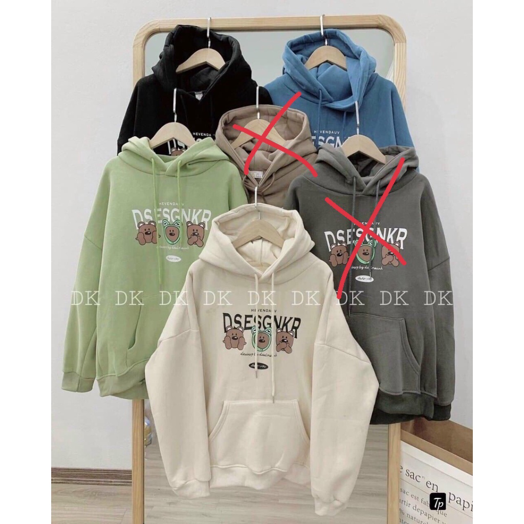 Áo nỉ hoodie form rộng nam nữ in hình DSESGNKR 3Gấu phong cách Hàn Quốc năng động cho cặp đôi