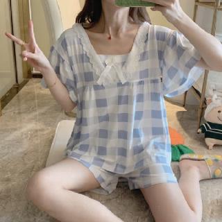 SUXI Bộ Đồ Ngủ Dáng Rộng Kẻ Sọc Ca Rô Thời Trang Mùa Hè Cho Nữ