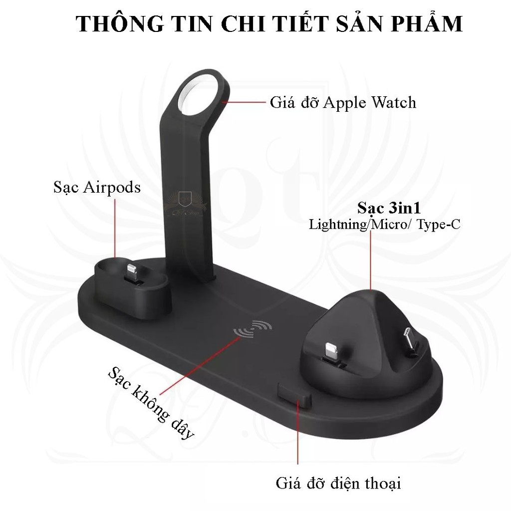 ĐẾ SẠC NHANH ko dây 6 IN 1 ( sạc được tai nghe ko dây táo pro)-full box,Hàng chuẩn 100% QT
