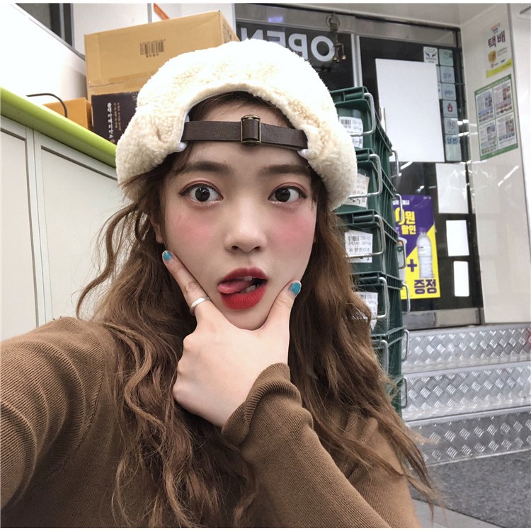 Cashmere suede Korean style round cap for women