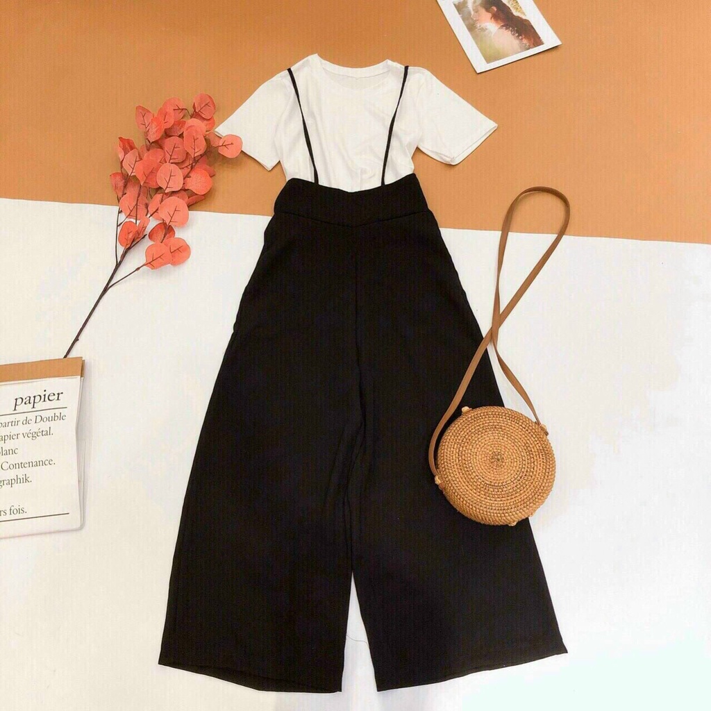 [ Miễn phí ship 2022 ] Set yếm cát hàn ống rộng, yếm 2 dây quần dài kèm áo trắng ulzzang cá tính, trẻ trung