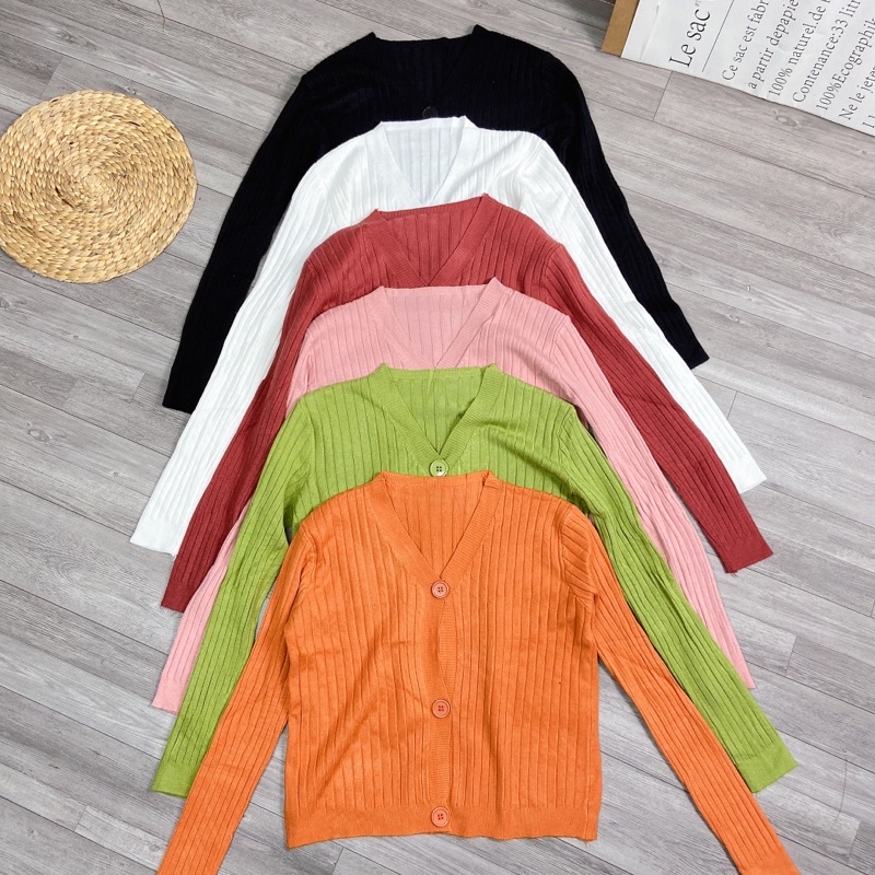 Áo Khoác Len Tăm Cardigan Croptop QC Dài Tay 3 Cúc