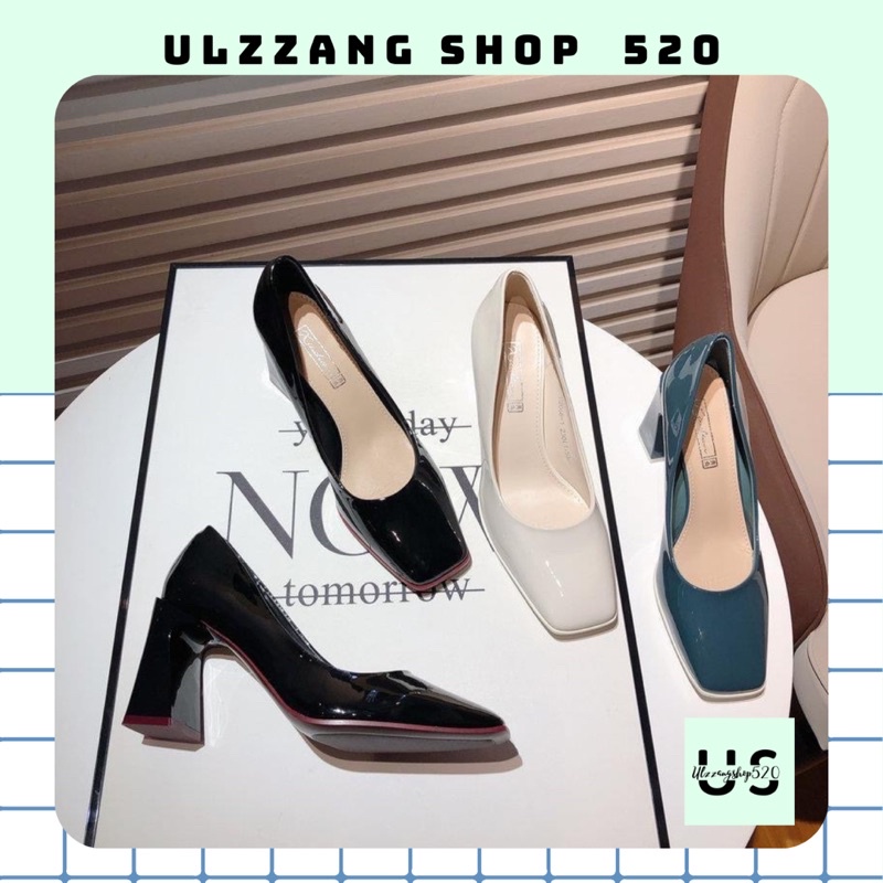 Guốc da bóng gót vuông 7 phân 3 màu đen, xanh, trắng thời trang kiểu Hàn Quốc hiện đại, trẻ trung Ulzzangshop520