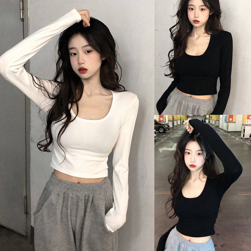 Áo Thun Dài Tay Cổ Chữ U Màu Trơn Thiết Kế Mới Năng Động Thời Trang
