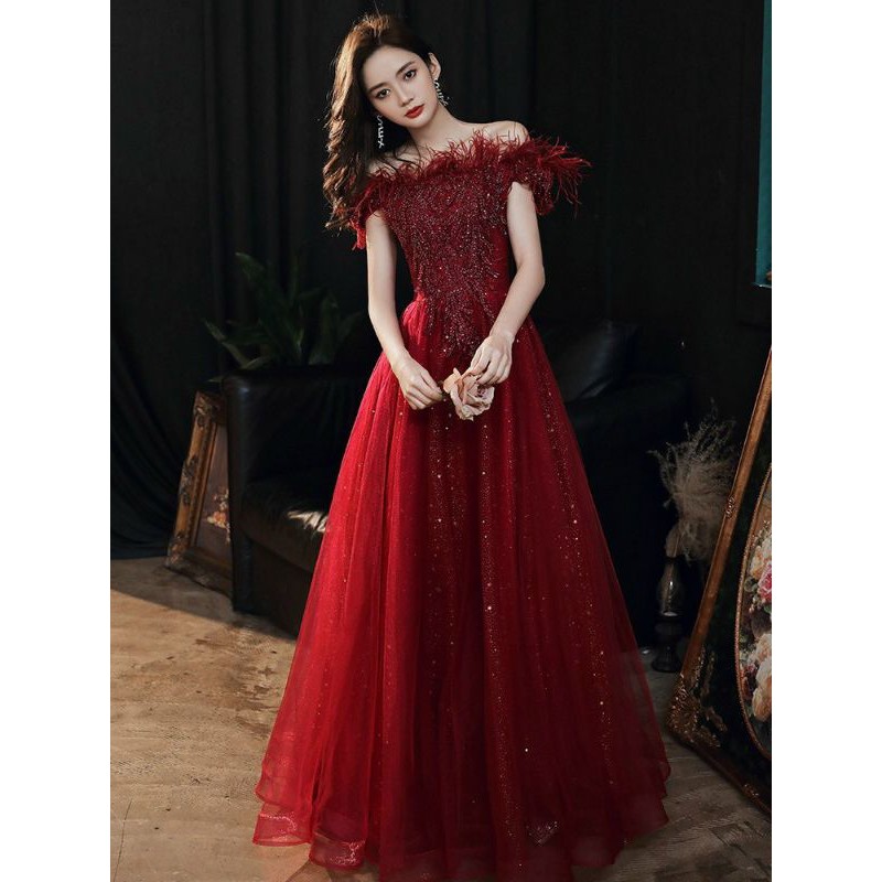 ĐẦM VÁY DẠ HỘI BẸT VAI PHỐI LÔNG VŨ THẢO MÂY
