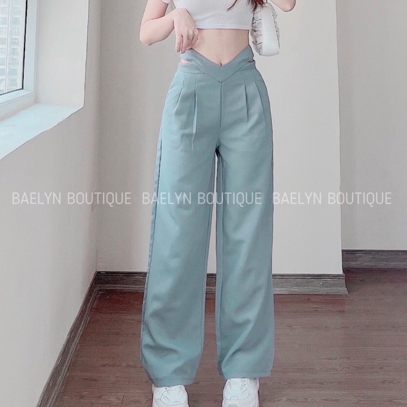 Quần suông ống rộng khuyết eo tôn dáng màu xanh và đen dành cho nữ - Hàng chuẩn QCCC | BigBuy360 - bigbuy360.vn