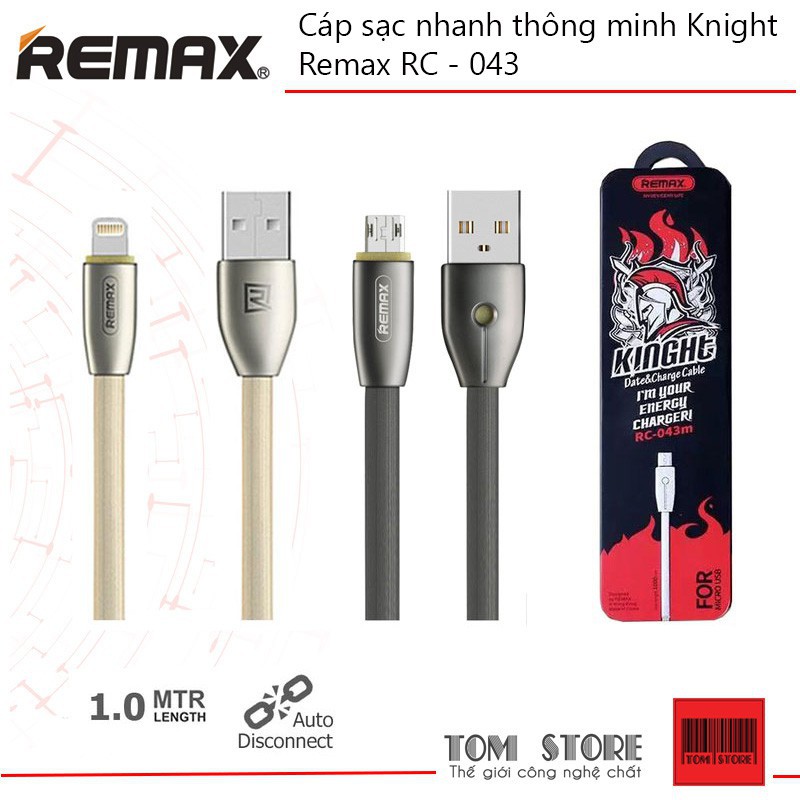 [HÀ NỘI][ Remax ]Cáp sạc nhanh Thông Minh Knight RC-043 Micro/Lightning - Bảo hành 12 tháng