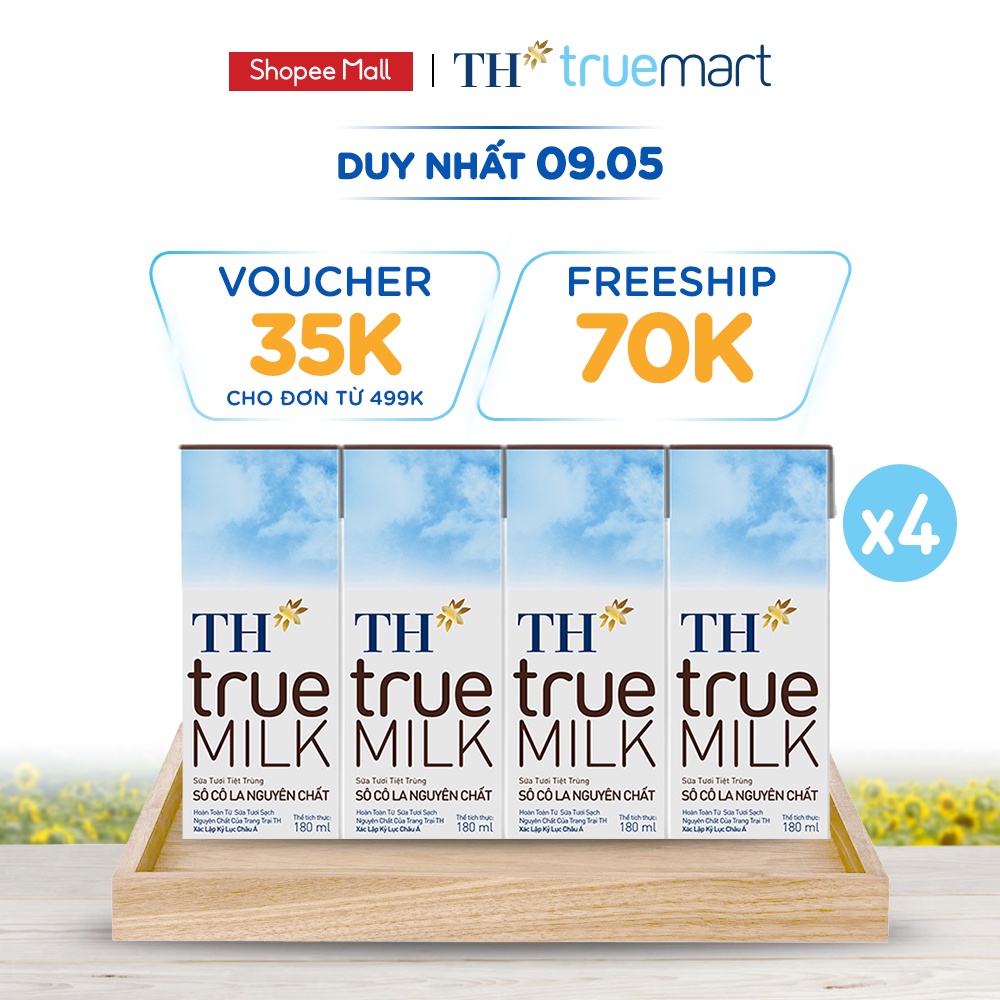 4 Lốc sữa tươi tiệt trùng sôcôla nguyên chất TH True Milk 180ml (180ml x 4 hộp)