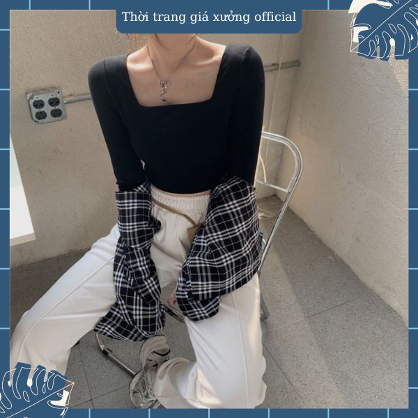 Áo dài tay cổ vuông dáng croptop siêu xinh