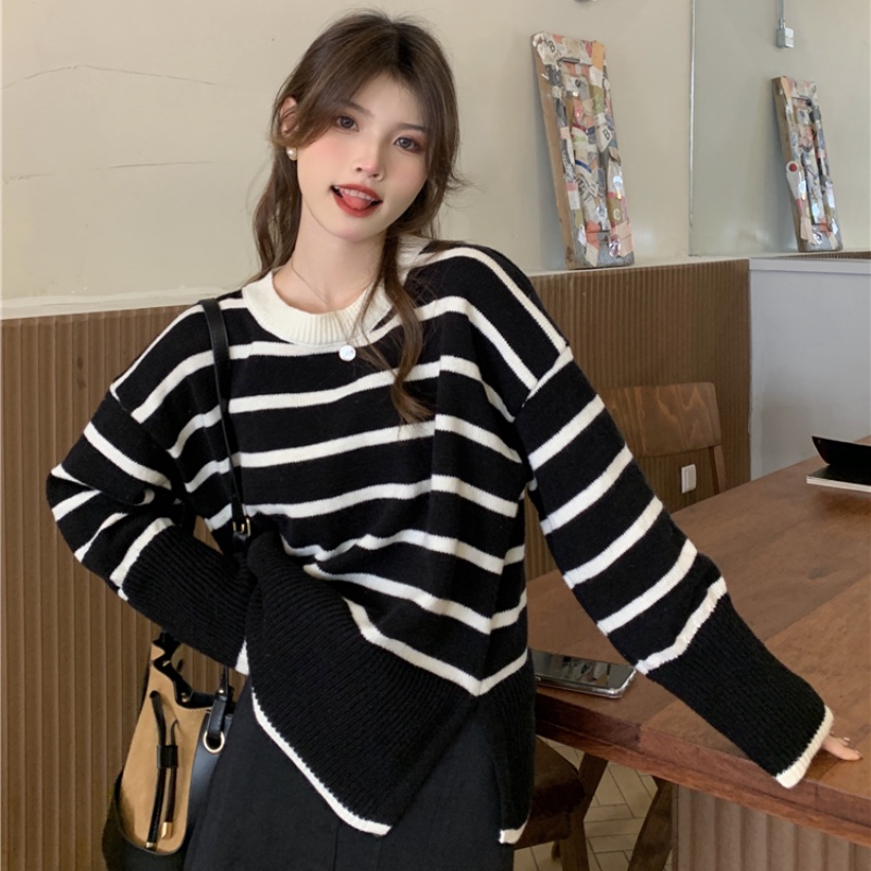 Áo Sweater Dệt Kim Dáng Rộng Kẻ Sọc Kiểu Hàn Quốc Thời Trang Mùa Thu Cho Nữ