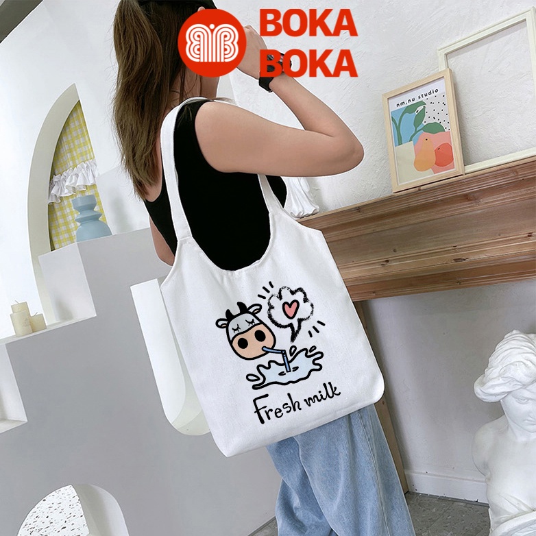 Túi Tote Bò Sữa Vải Canvas Quai Tròn Có Khóa Miệng Túi