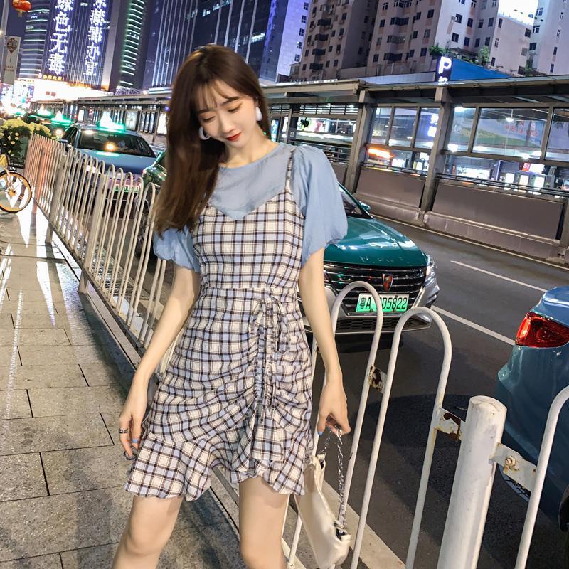 Set Đầm Yếm Tay Ngắn + Áo Tay Phồng Phong Cách Hàn Quốc Mới