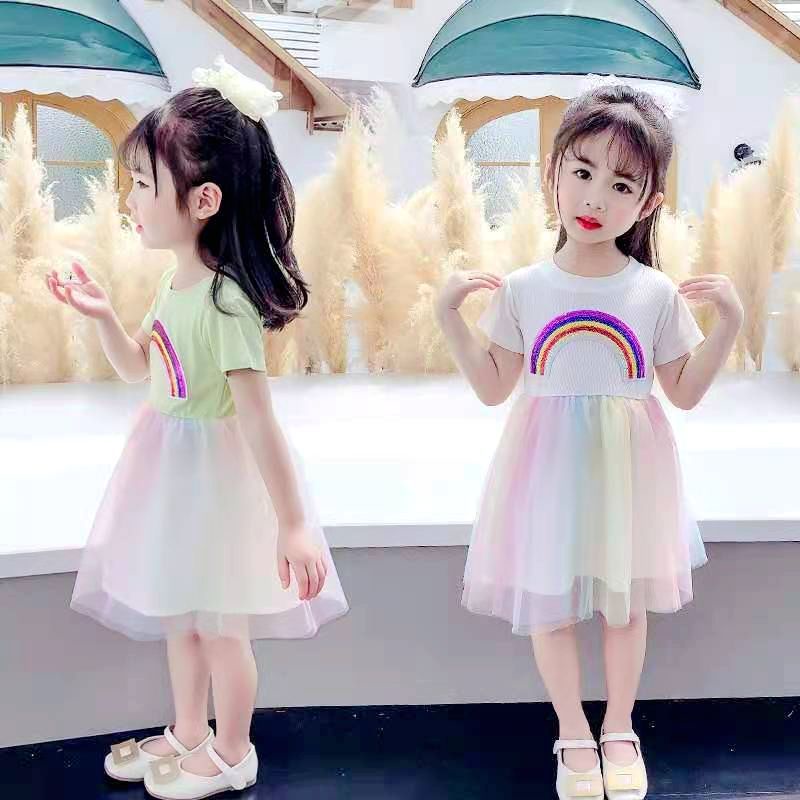 Đầm Công Chúa Phối Lưới Màu Cầu Vồng Thời Trang Mùa Hè Hàn Quốc 2022 Mới Cho Bé Gái